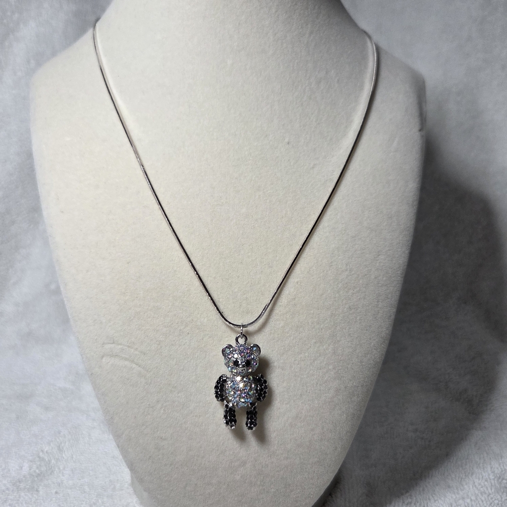Teddy Bear Pendant w/White & Black Austrian Crystals & Sterling Silver Chain #2